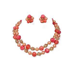 🌸 Vintage Pink Double Strand Necklace & Earrings Lucite/Resin Rhinestone 50s